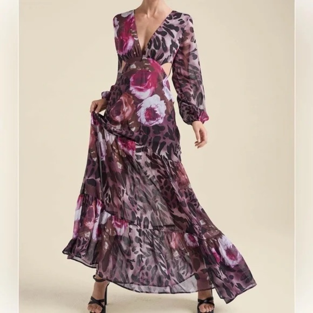 VENUS Mauve Pink Floral Leopard Print Long Sleeve Maxi Dress NWOT size 6 💜🔥🐆
